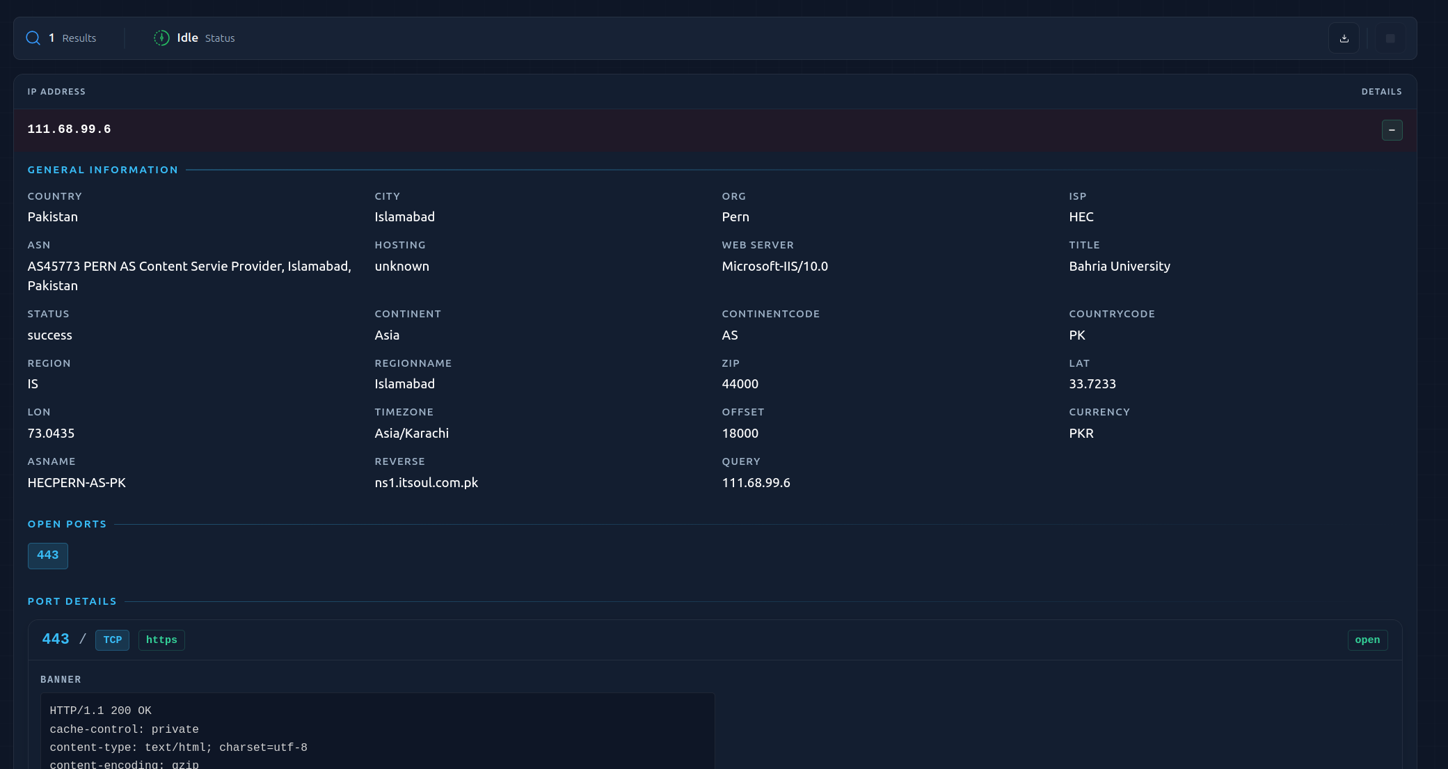 Orion network validation IP and service details