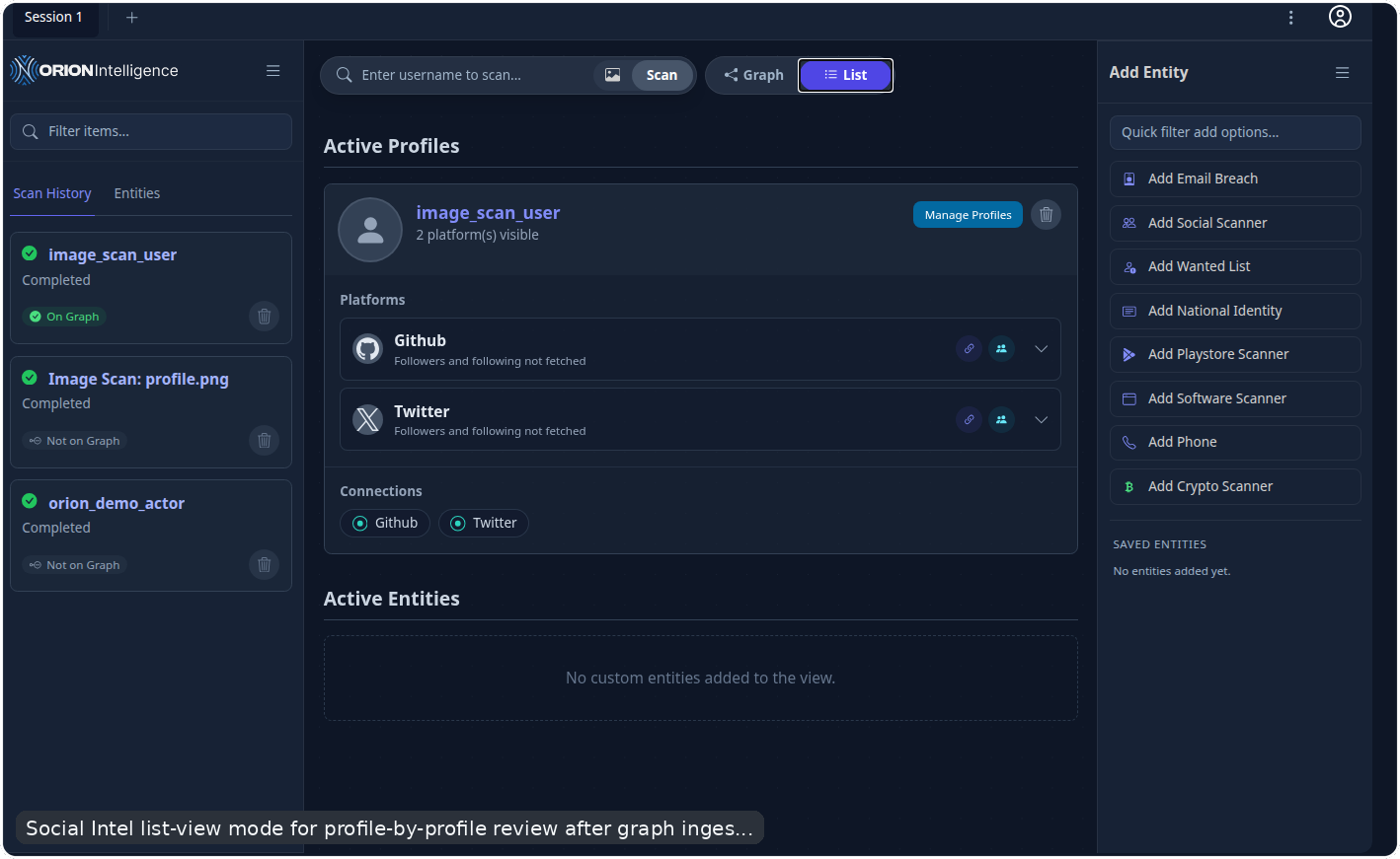 Orion Social Intel list view
